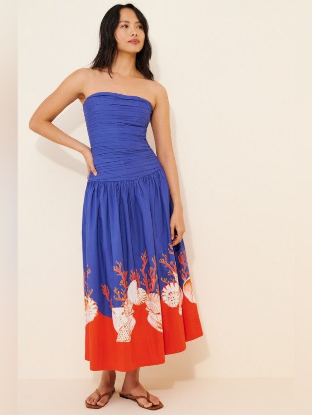 Carolina K Strapless Cobalt Blue Midi Dress with Coral Border